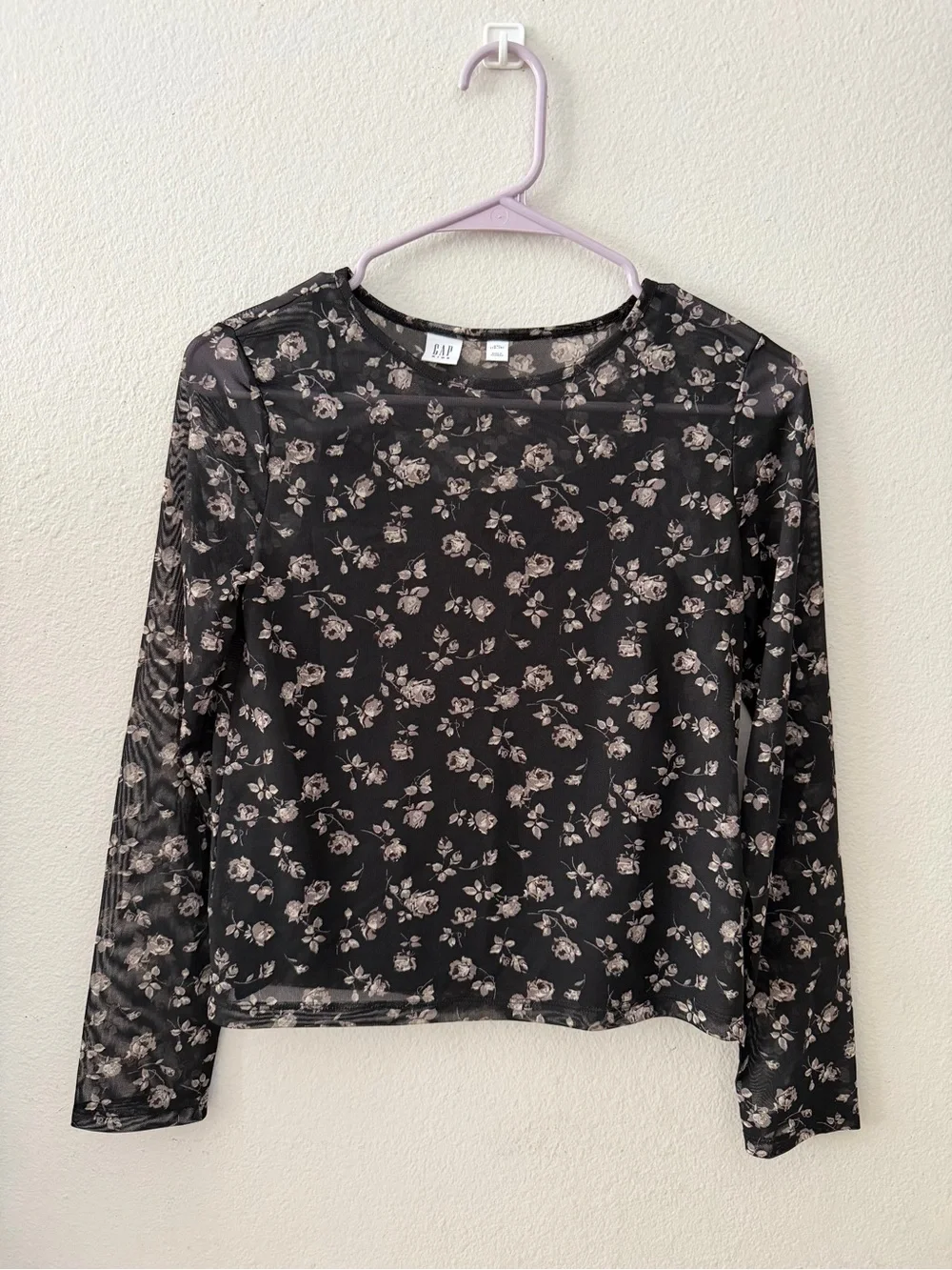 GAP Black Floral Mesh Long Sleeve Top - Beige Floral